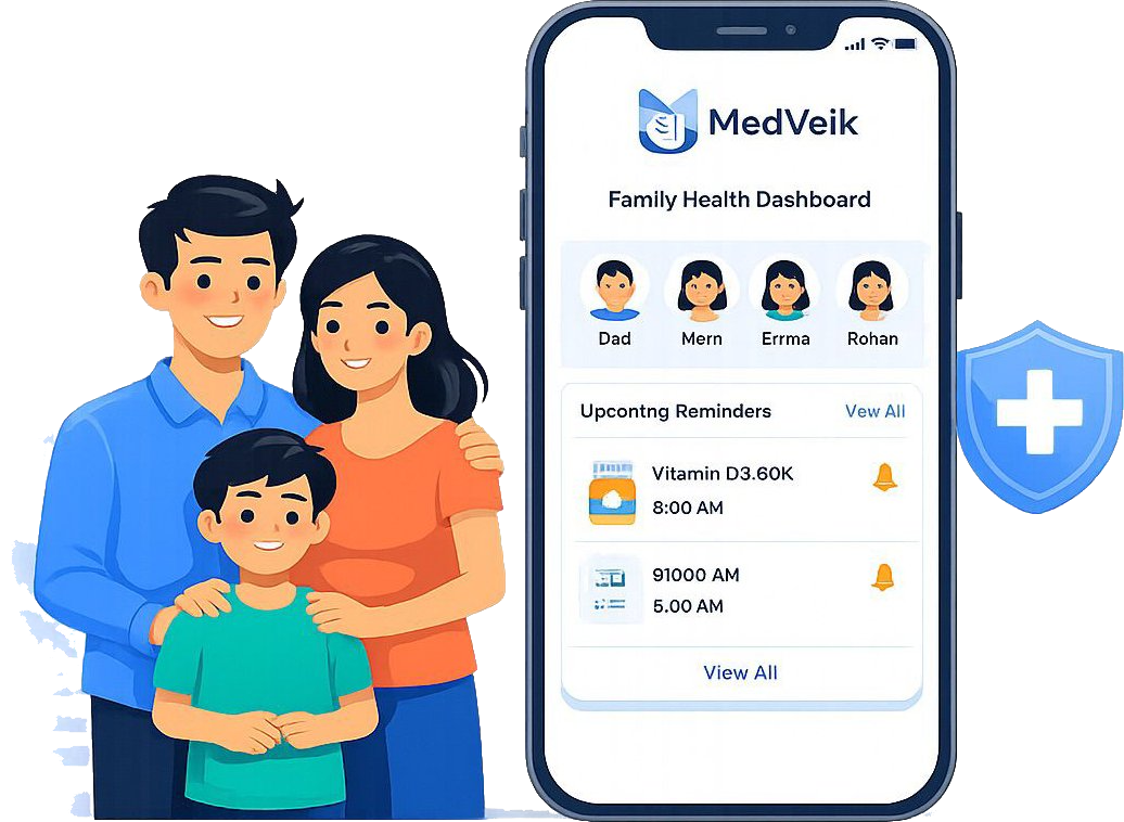 Family using MedVeik with health dashboard on a phone