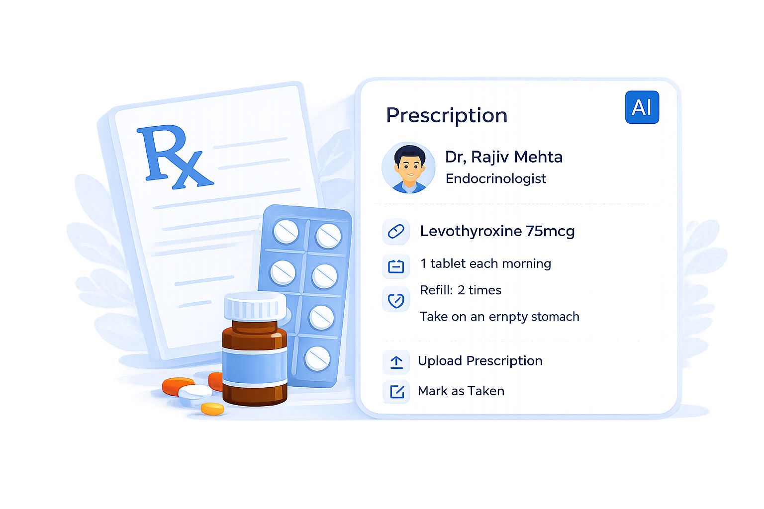 Prescription details with upload and tracking options in MedVeik
