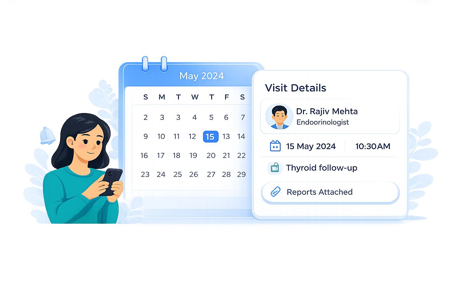 Calendar and visit details for an upcoming doctor appointment in MedVeik